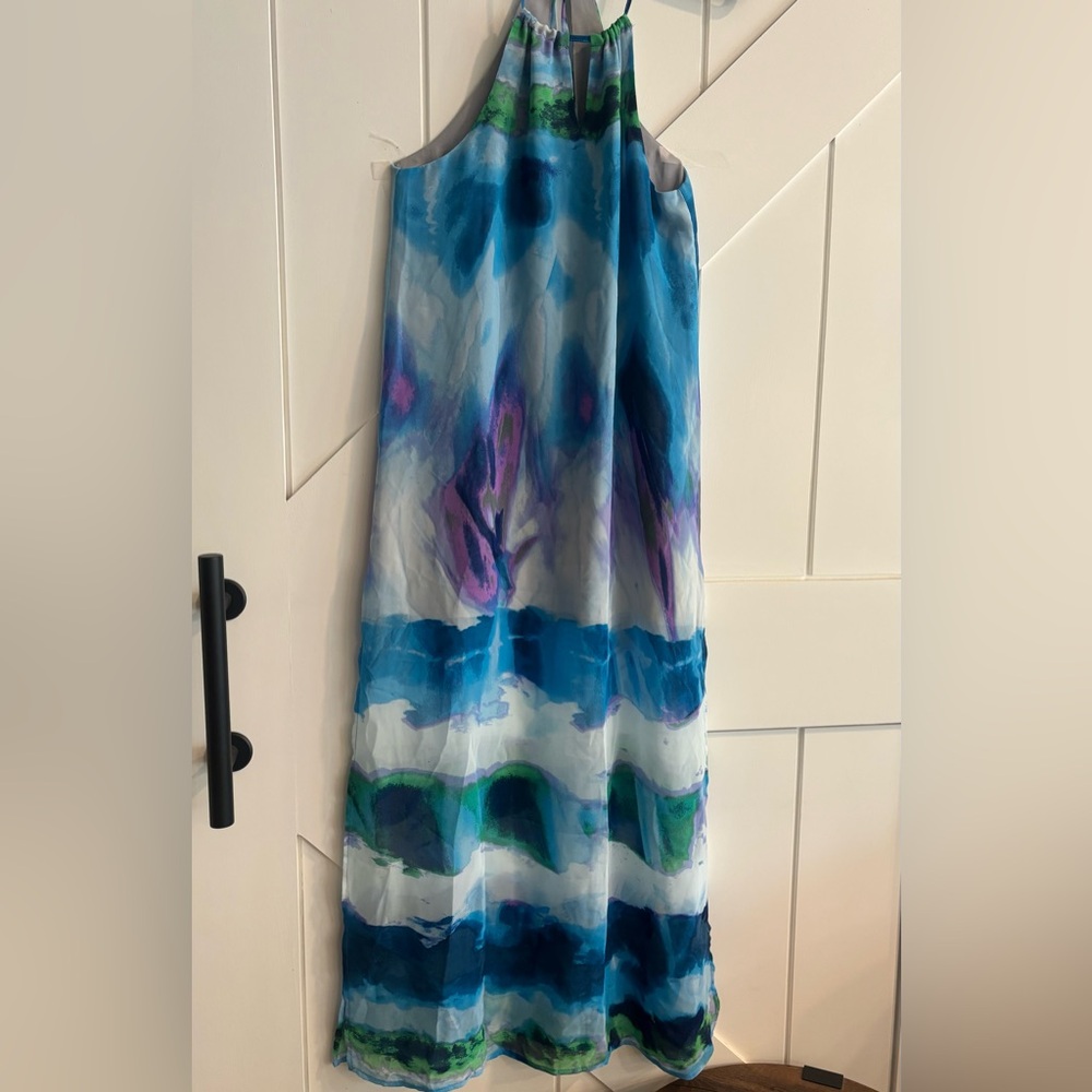 Aqua Blue Abstract Print Halter Chiffon Maxi Dress XS Boho Beach Wedding Guest - Picture 2 of 7